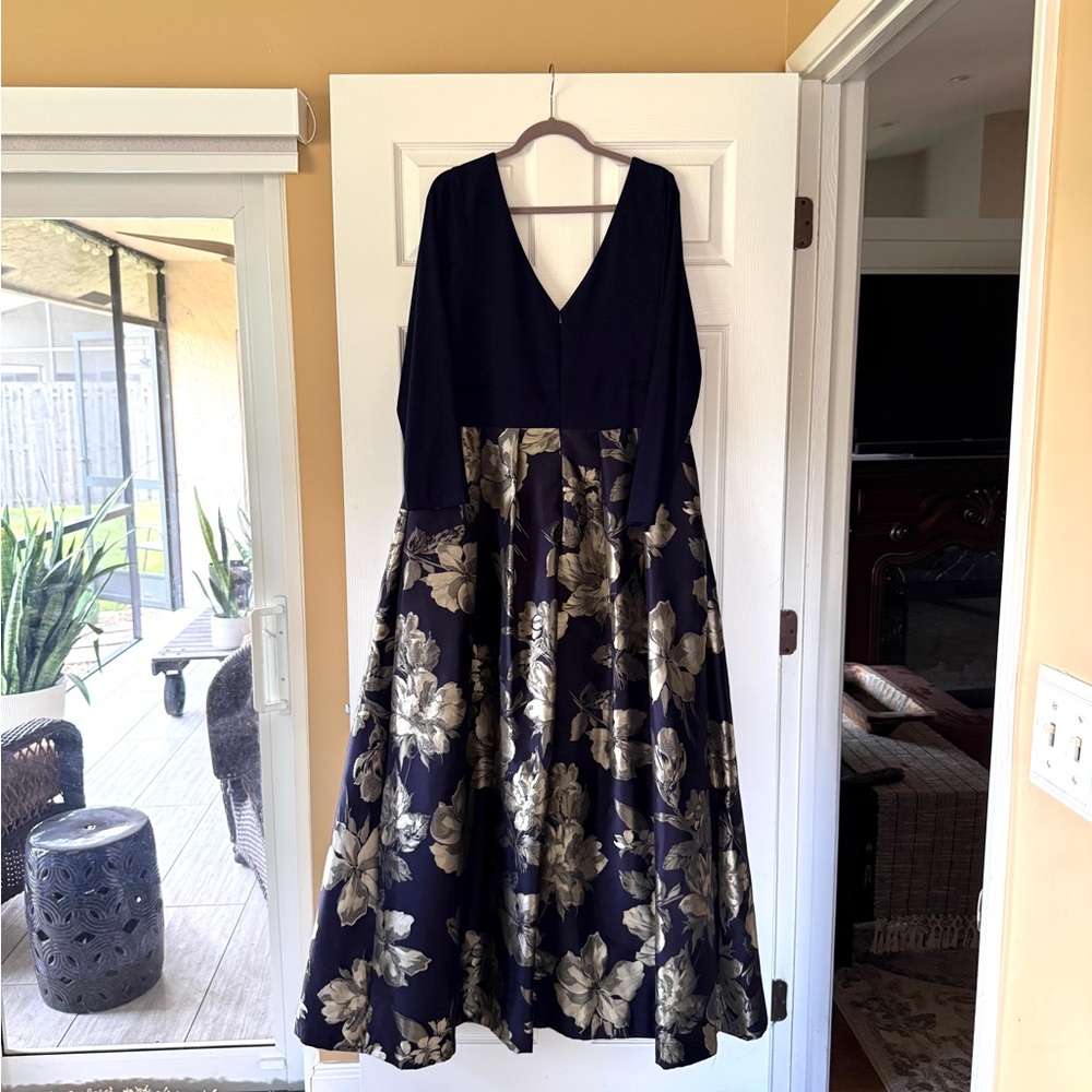 Midnight Navy V-Neck Long Sleeve Dress with Gold Floral Skirt - Picture 2 of 5